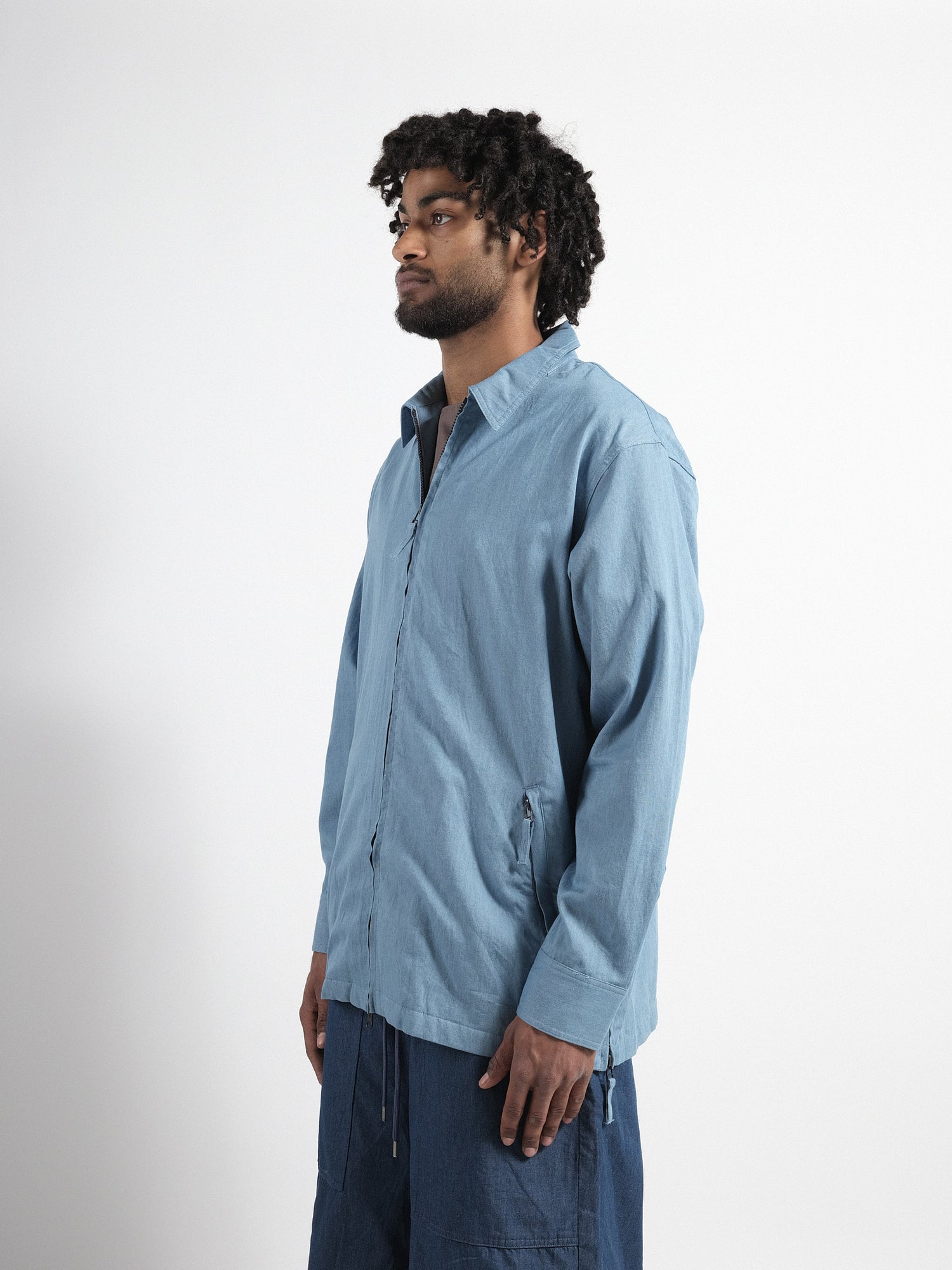 Non-Down Military W-Zip Blue Denim Long-Sleeve Shirt