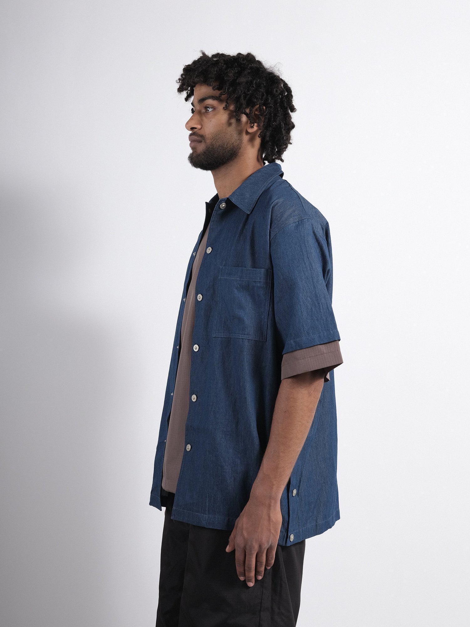 Non-Down Military Button Slit Shirt Short Sleeve Indigo