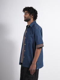 Non-Down Military Button Slit Shirt Short Sleeve Indigo