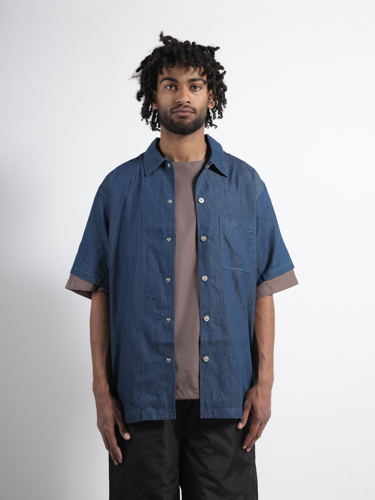 Non-Down Military Button Slit Shirt Short Sleeve Indigo