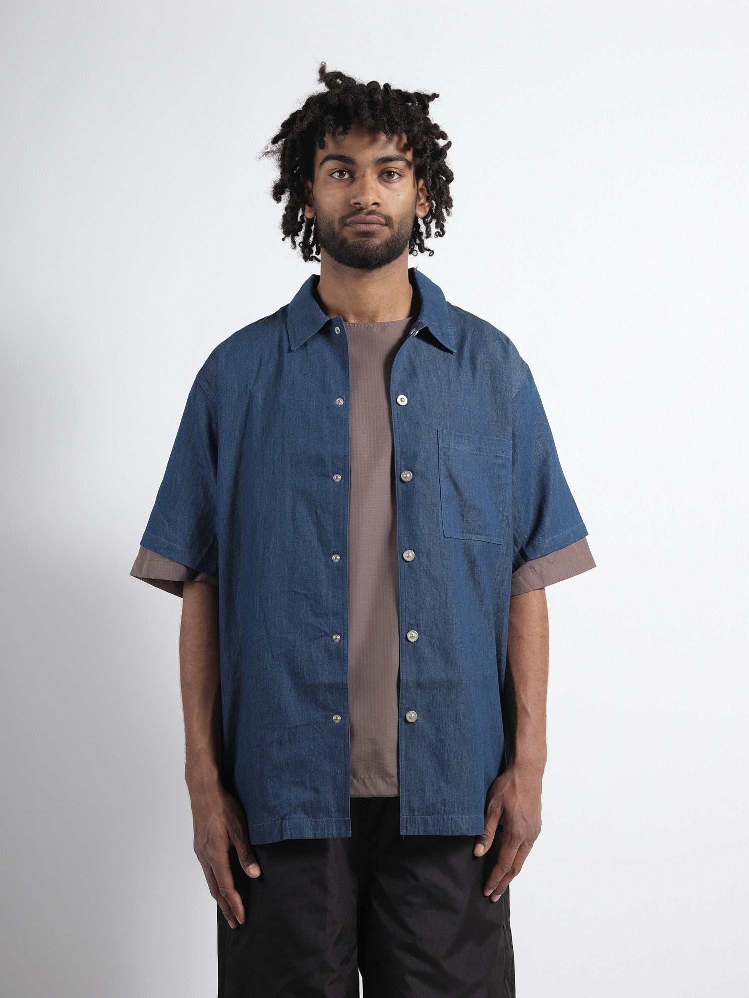 Non-Down Military Button Slit Shirt Short Sleeve Indigo